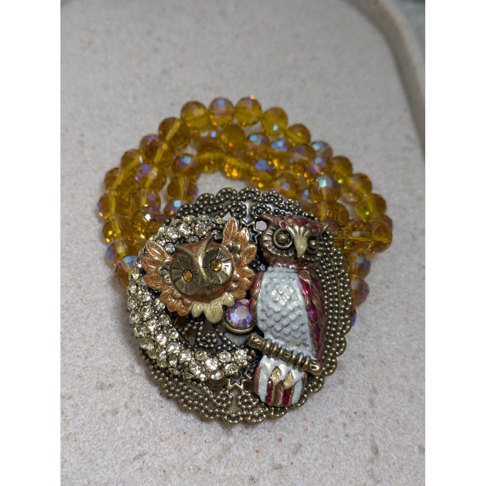 Vintage Kirks Folly Owl Bracelet Celestial AB Aurora Borealis Honey Bead Stretch